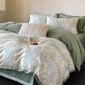 100% Cotton Brushed Swallowtail Corner Quilt Cover Green Flat Bed Sheet Floral Plant Printing 4PCS Bedding Set