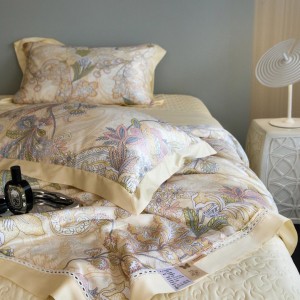 100% lyocell satin home hotel textile yellow comforter cover with 2 high-end printing pillowcases coverlets bedding set manufacture