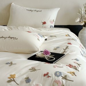 2025 long staple cotton plant floral embroidery duvet cover white 4pcs bedding set