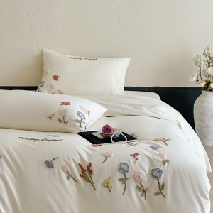 2025 long staple cotton plant floral embroidery duvet cover white 4pcs bedding set
