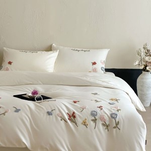 2025 long staple cotton plant floral embroidery duvet cover white 4pcs bedding set