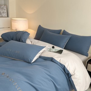 Solid color blue cottoncomforter duvet cover with 2 pillow shams double coverlets flat sheet 4PCS textile bedding set wholesaler