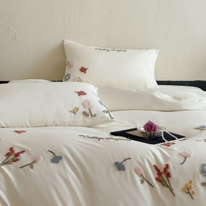 2025 long staple cotton plant floral embroidery duvet cover white 4pcs bedding set
