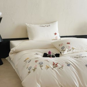 2025 long staple cotton plant floral embroidery duvet cover white 4pcs bedding set