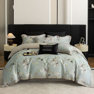 Green Floral Printing Quilt Cover 80S Lyocell Cotton Brushed 4PCS Bedding Set