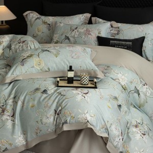 Green Floral Printing Quilt Cover 80S Lyocell Cotton Brushed 4PCS Bedding Set