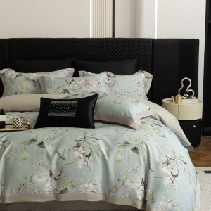 Green Floral Printing Quilt Cover 80S Lyocell Cotton Brushed 4PCS Bedding Set