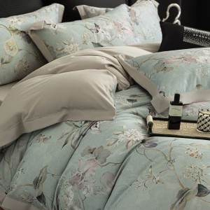 Green Floral Printing Quilt Cover 80S Lyocell Cotton Brushed 4PCS Bedding Set