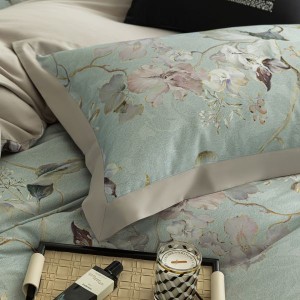 Green Floral Printing Quilt Cover 80S Lyocell Cotton Brushed 4PCS Bedding Set