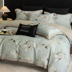 Green Floral Printing Quilt Cover 80S Lyocell Cotton Brushed 4PCS Bedding Set