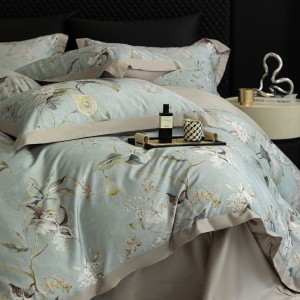 Green Floral Printing Quilt Cover 80S Lyocell Cotton Brushed 4PCS Bedding Set