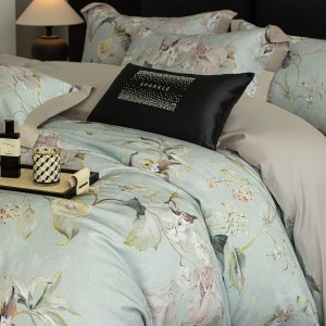 Green Floral Printing Quilt Cover 80S Lyocell Cotton Brushed 4PCS Bedding Set