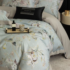 Green Floral Printing Quilt Cover 80S Lyocell Cotton Brushed 4PCS Bedding Set