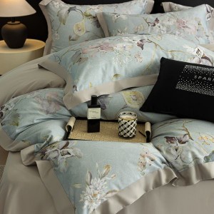 Green Floral Printing Quilt Cover 80S Lyocell Cotton Brushed 4PCS Bedding Set