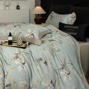Green Floral Printing Quilt Cover 80S Lyocell Cotton Brushed 4PCS Bedding Set