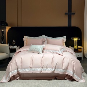 Light luxury senior satin cotton bed linen exquisite king size house pink embroidery comforter cover bedroom bedding set wholesaler