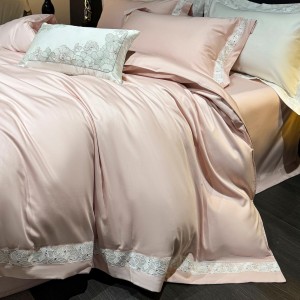 Light luxury senior satin cotton bed linen exquisite king size house pink embroidery comforter cover bedroom bedding set wholesaler