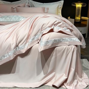 Light luxury senior satin cotton bed linen exquisite king size house pink embroidery comforter cover bedroom bedding set wholesaler