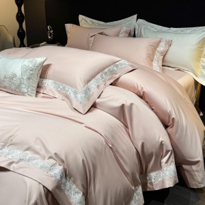 Light luxury senior satin cotton bed linen exquisite king size house pink embroidery comforter cover bedroom bedding set wholesaler