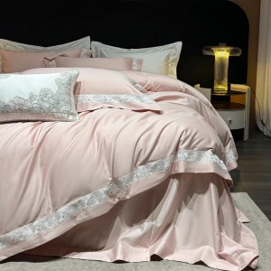 Light luxury senior satin cotton bed linen exquisite king size house pink embroidery comforter cover bedroom bedding set wholesaler