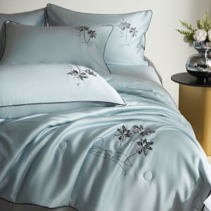 Luxury satin 100% lyocell fiber blue pillowcase king size customizable embroidery bed linen bedding set quilt sets manufacturer