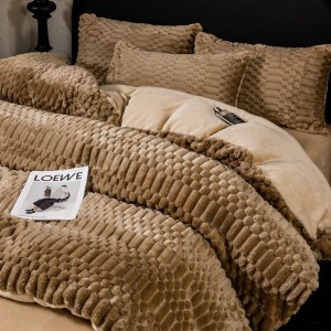 Light Luxury Home Textile Brown Jacquard Milk Velvet Four Piece Flannel Bedding Set For Winter