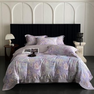 Premium Cotton Home Textile Purple Digital Printed Duvet Cover Flat Sheet Flower Pillowcase Bedding Set