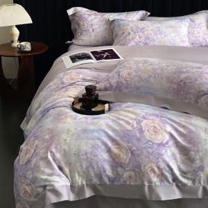 Premium Cotton Home Textile Purple Digital Printed Duvet Cover Flat Sheet Flower Pillowcase Bedding Set