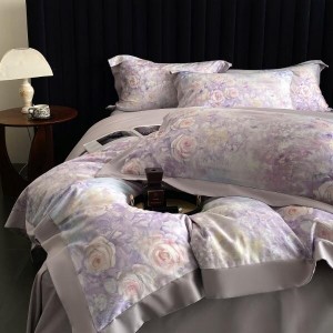 Premium Cotton Home Textile Purple Digital Printed Duvet Cover Flat Sheet Flower Pillowcase Bedding Set