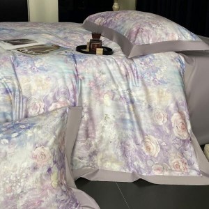 Premium Cotton Home Textile Purple Digital Printed Duvet Cover Flat Sheet Flower Pillowcase Bedding Set