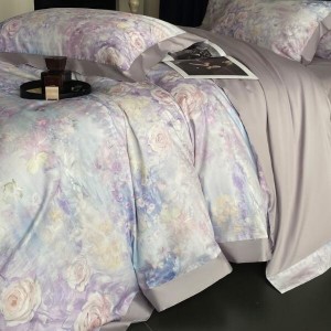 Premium Cotton Home Textile Purple Digital Printed Duvet Cover Flat Sheet Flower Pillowcase Bedding Set