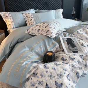 High quality quilt cover 200/240cm skin friendly comforter cover blue cotton bed sheets printing pillow cases luxury silk bedding set