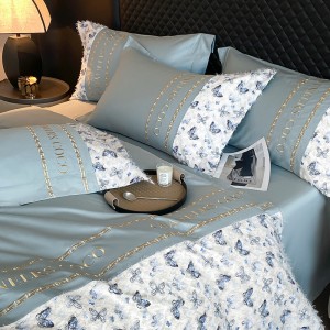 High quality quilt cover 200/240cm skin friendly comforter cover blue cotton bed sheets printing pillow cases luxury silk bedding set
