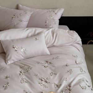 500TC Pure Cotton Brushed Embroidery Quilt Duvet Cover Purple Bed Sheets 4PCS Bed Linen Floral Bedding Set