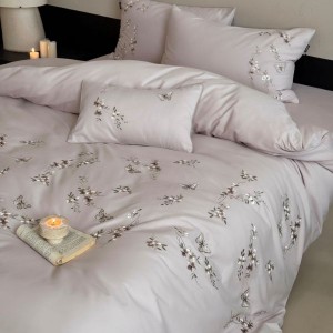 500TC Pure Cotton Brushed Embroidery Quilt Duvet Cover Purple Bed Sheets 4PCS Bed Linen Floral Bedding Set