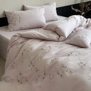 500TC Pure Cotton Brushed Embroidery Quilt Duvet Cover Purple Bed Sheets 4PCS Bed Linen Floral Bedding Set