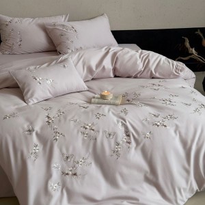 500TC Pure Cotton Brushed Embroidery Quilt Duvet Cover Purple Bed Sheets 4PCS Bed Linen Floral Bedding Set