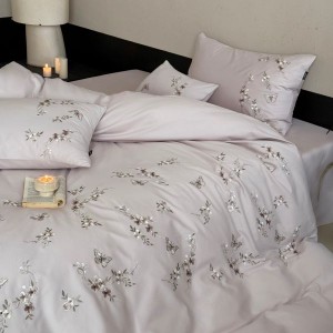 500TC Pure Cotton Brushed Embroidery Quilt Duvet Cover Purple Bed Sheets 4PCS Bed Linen Floral Bedding Set