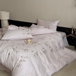 500TC Pure Cotton Brushed Embroidery Quilt Duvet Cover Purple Bed Sheets 4PCS Bed Linen Floral Bedding Set