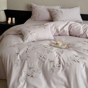 500TC Pure Cotton Brushed Embroidery Quilt Duvet Cover Purple Bed Sheets 4PCS Bed Linen Floral Bedding Set