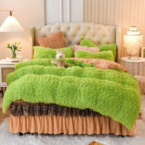 Hot selling winter green fleece bed linen 1.8m coverlets with 2 soft pillow shams fluffy duvet cover queen size solid color bedding set supplier