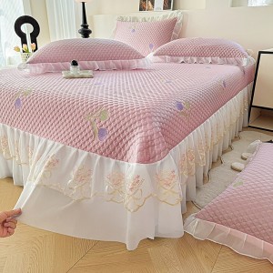 Pink microfiber polyester bed fitted & flat sheets ruffles embroidery bedsheets bedskirt set supplier
