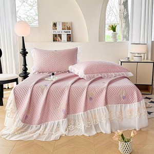 Pink microfiber polyester bed fitted & flat sheets ruffles embroidery bedsheets bedskirt set supplier