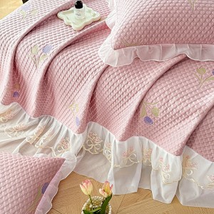 Pink microfiber polyester bed fitted & flat sheets ruffles embroidery bedsheets bedskirt set supplier