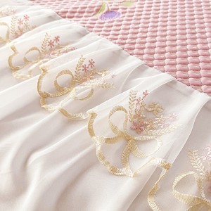 Pink microfiber polyester bed fitted & flat sheets ruffles embroidery bedsheets bedskirt set supplier