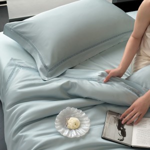 Solid color comforter duvet cover with 2 blue lyocell cotton pillow shams double coverlets flat sheet 4PCS textile bedding set wholesaler