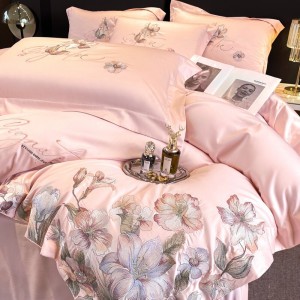 High-End embroidery comforter set 500TC bedsheets queen pink cotton coverlets with 2 soft pillowslips bedding set supplier