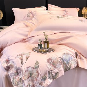 High-End embroidery comforter set 500TC bedsheets queen pink cotton coverlets with 2 soft pillowslips bedding set supplier