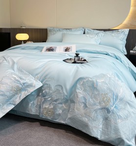 Embroidered duvet cover blue 100% cotton fitted flat sheets 2m/2.2m double bedsheet premium pillowslip queen king size bedding set
