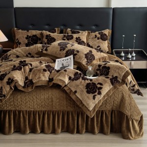 Winter Warm Brown Printed Bedding 4 Pcs Rabbit Velvet Comforter Duvet Cover Ruffles Bedding Set Supplier
